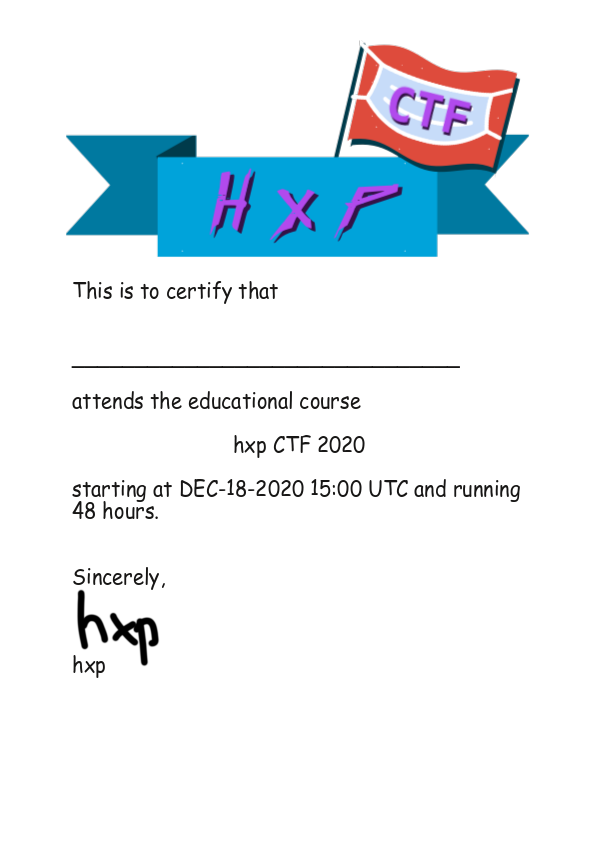 hxp CTF 2020 participation certificate